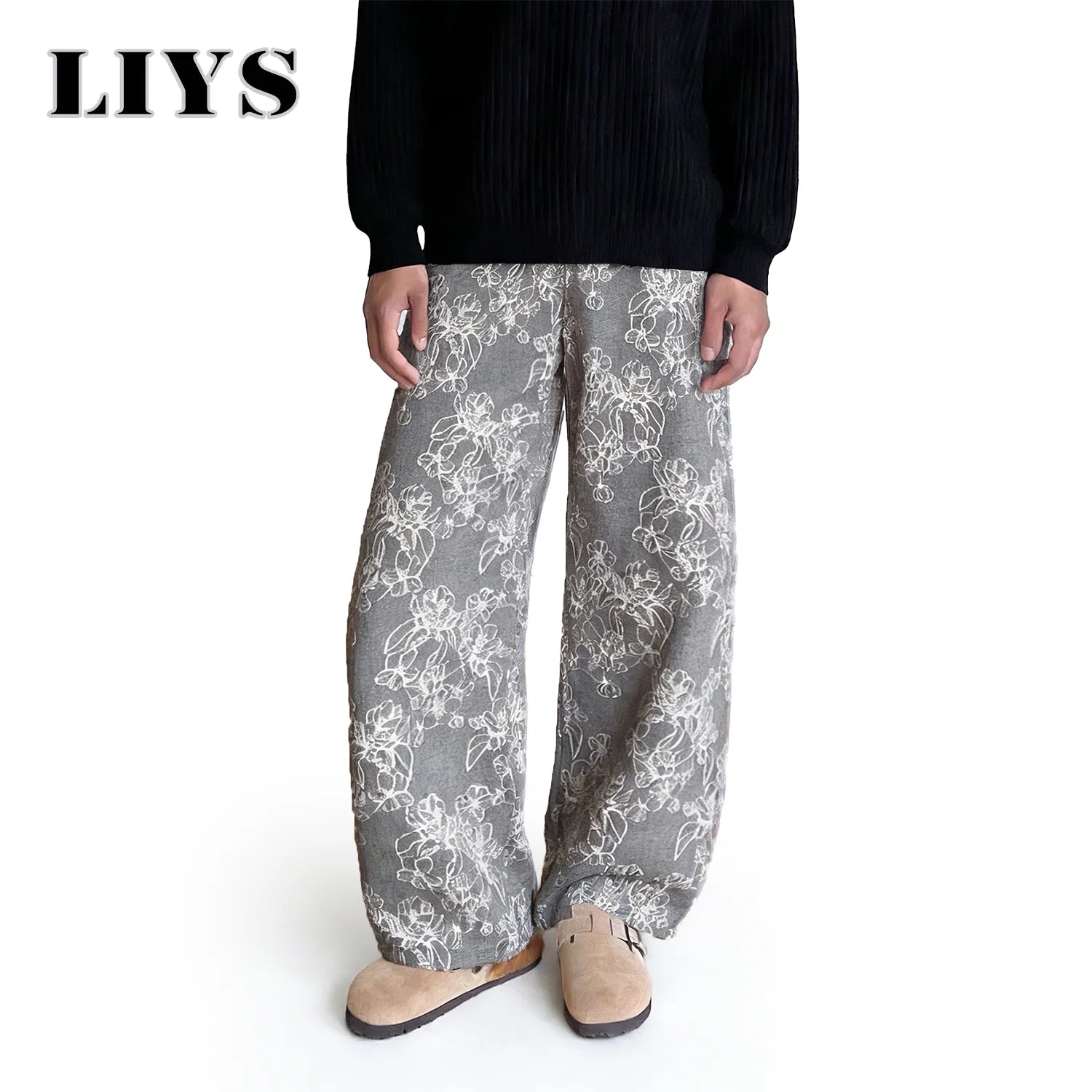 LIYS New Japanese Korean Style Floral Jacquard Fabric Baggy Straight-Leg Jeans American Retro Daily Casual Denim Pants Unisex