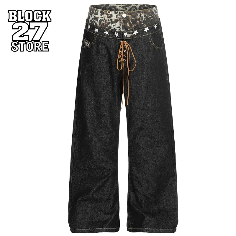 Mens Jeans Double Waist Tie Strap Curved Leg Denim Pants Harajuku Unisex Loose Fit Straight Leg Stack Design Streetwear Fashion