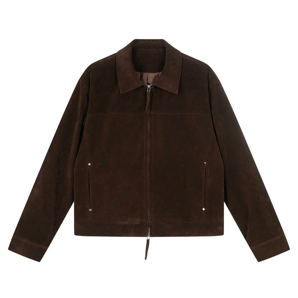 Harajuku Retro Suede Lapel Jacket Mens Spliced Solid Color Autumn Winter Casual Loose Fit Long Sleeve Streetwear Outerwear New
