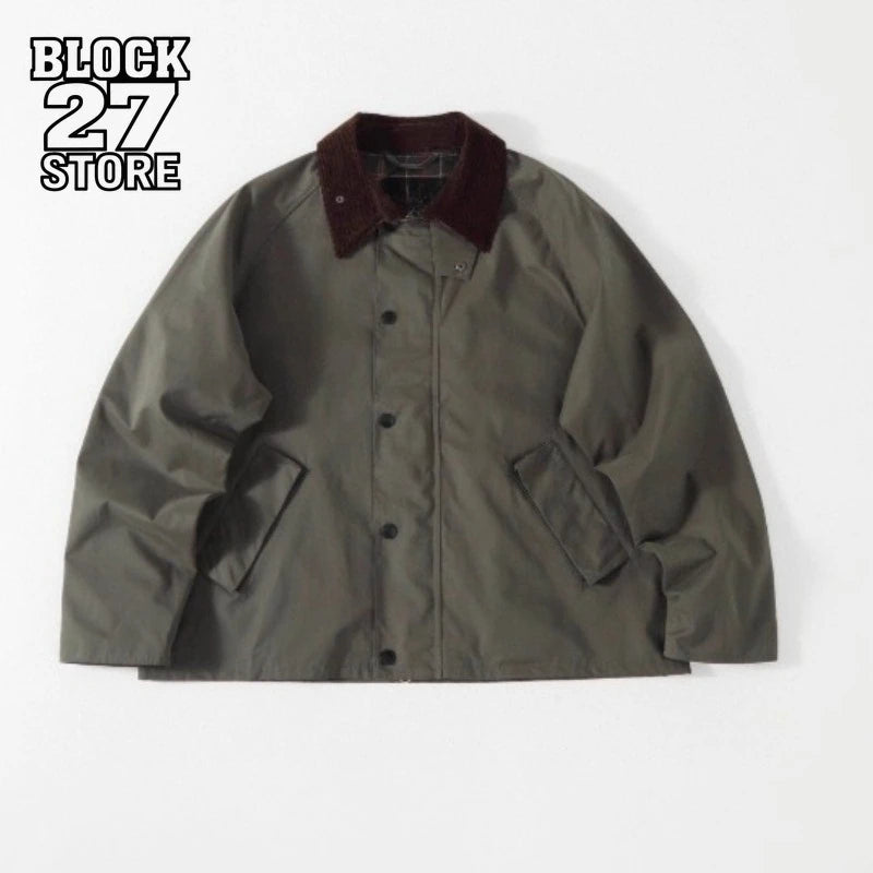 Mens Jacket Harajuku Vintage Streetwear Waxed Waterproof Windbreaker Cotton Blouson Loose Fit Short Coat Autumn Casual Trend New