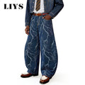 LIYS American Retro Blue Jacquard Baggy Machete Wide-Leg Jeans Daily High Street  Couple Balloon Denim Pants Casual Lantern Pant