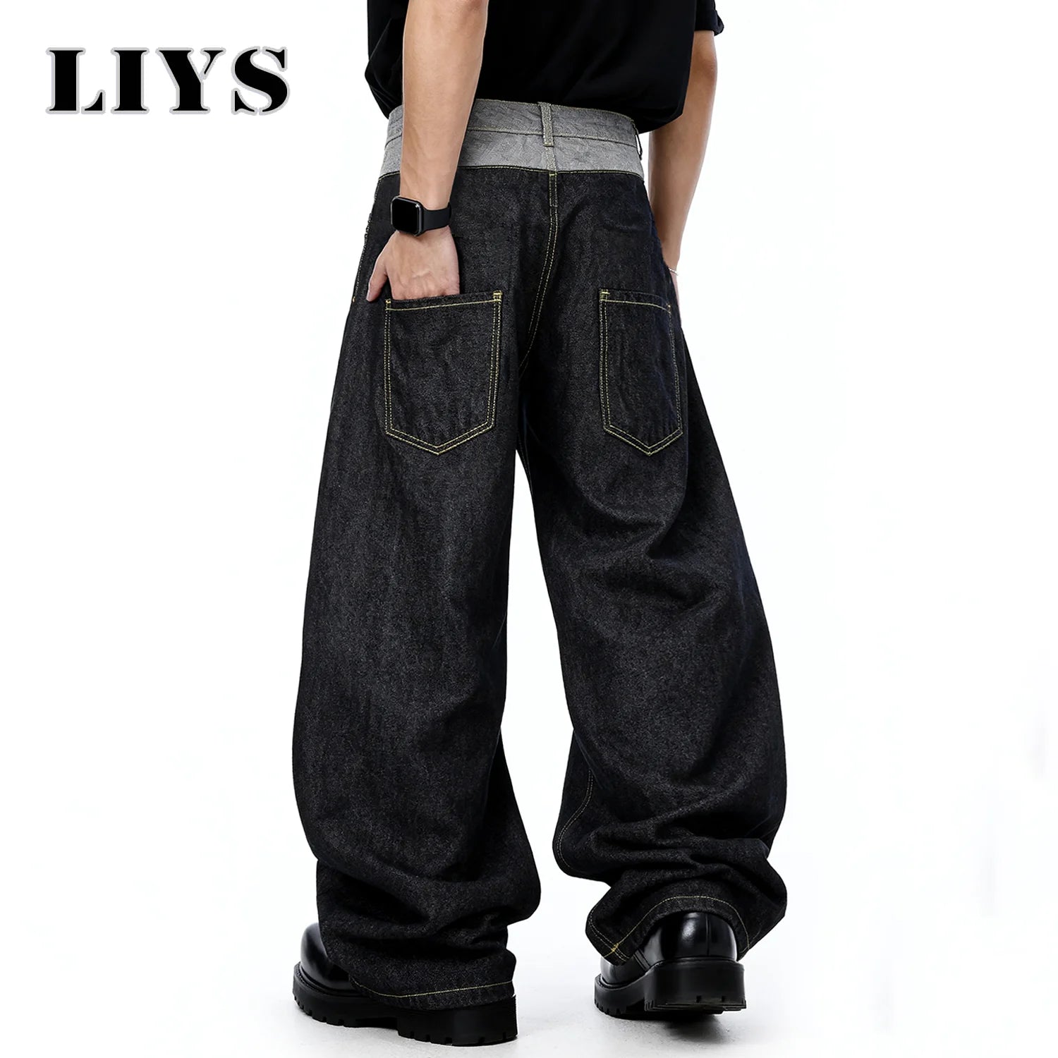 Men's Retro Double Waist Design Baggy Wide Leg Jeans Street Design Denim Pants Gothic loose Machete Wide Leg Jean Unisex Clothes