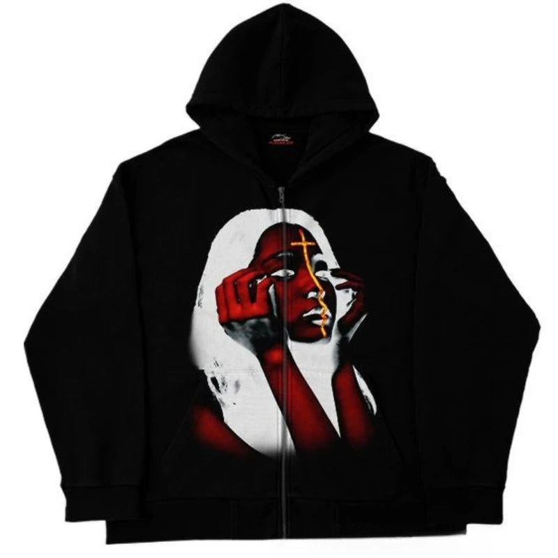 Y2K Zip Up Hoodie Men Streetwear Loose Fit Hooded Sweatshirt Pocket Design Street Style Casual Sport Retro Fashion Autumn Winter