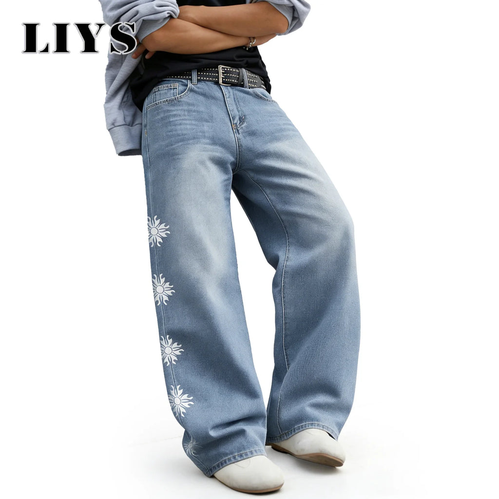 LIYS American Streetwear Floral Pattern Printed Baggy Wide-Leg Men's Jeans Simple Washed Light Blue Casual Denim Pants Unisex