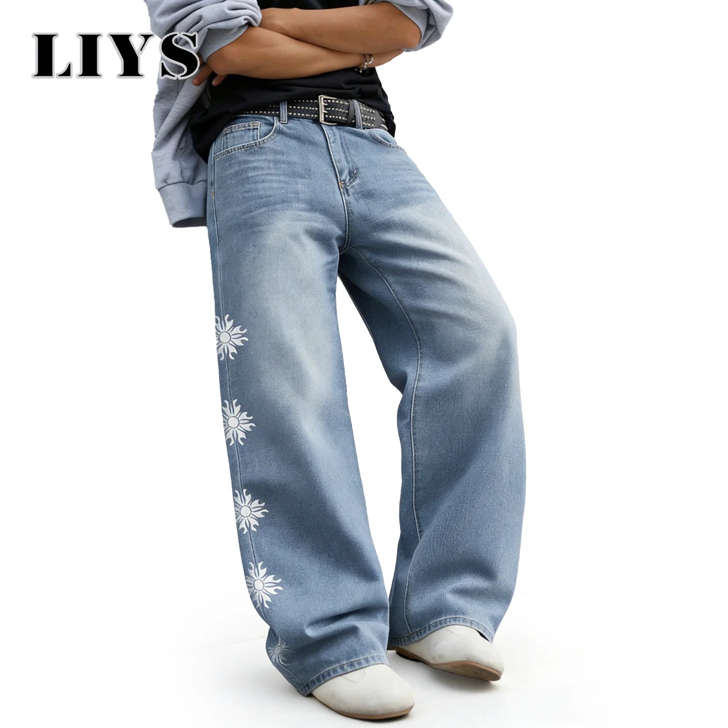 LIYS American Streetwear Floral Pattern Printed Baggy Wide-Leg Men's Jeans Simple Washed Light Blue Casual Denim Pants Unisex