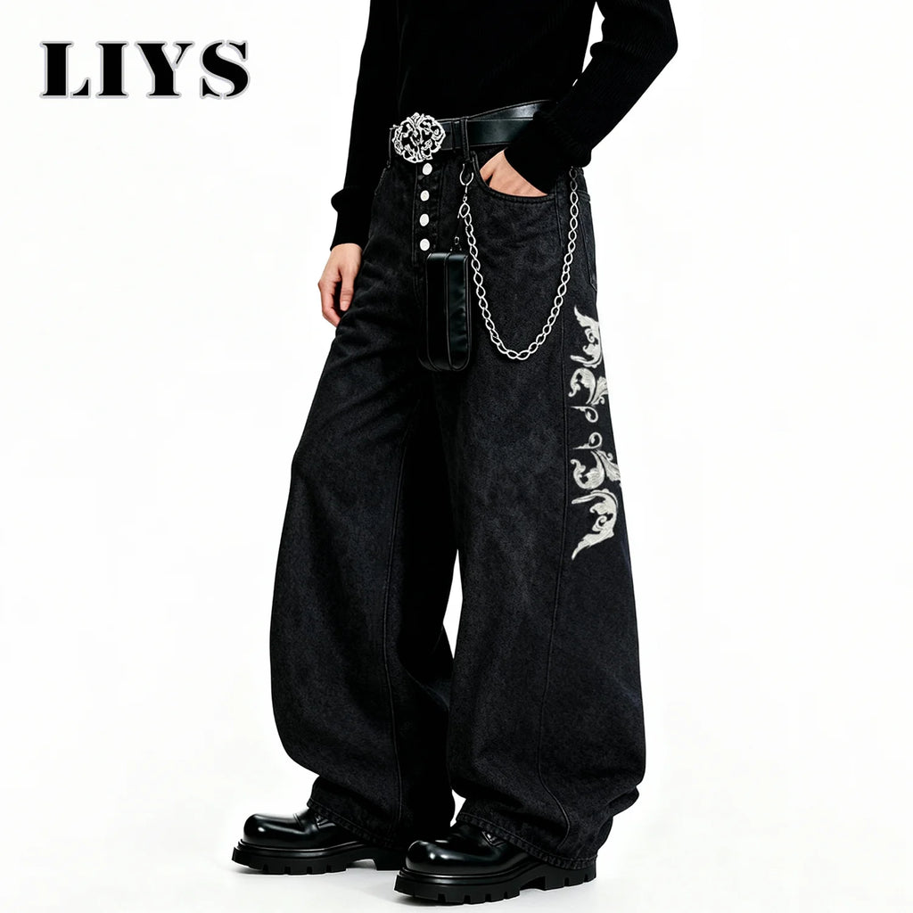 American Retro Street Men's Baggy Wide Leg Jeans Angel Wings Embroidery Button Hip-Hop Bad Boy Charm Loose Denim Pants Clothes