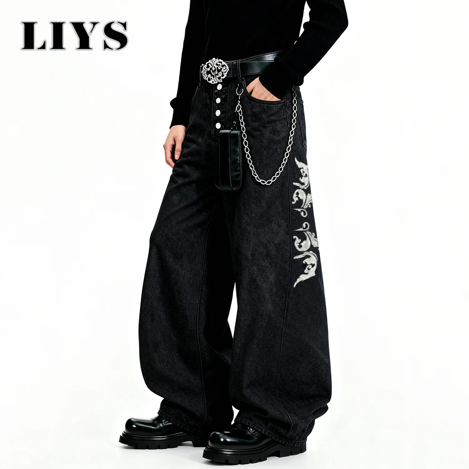 American Retro Street Men's Baggy Wide Leg Jeans Angel Wings Embroidery Button Hip-Hop Bad Boy Charm Loose Denim Pants Clothes