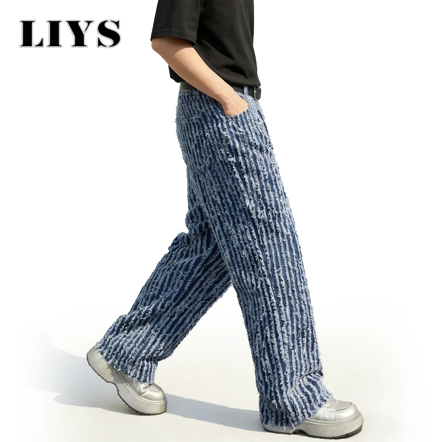 LIYS Japanese-Korean Jacquard Dark Blue Stripes Tassels Ultra Baggy Wide-leg Jeans Stylish Jacquard Baggy Wide-leg Denim Pants