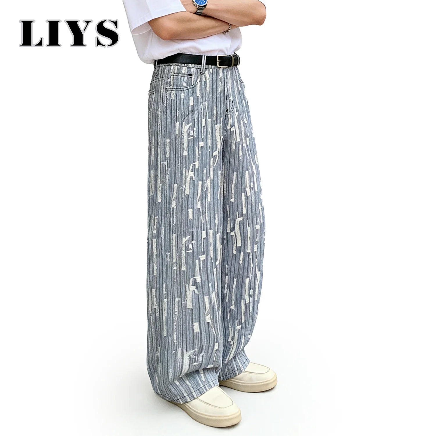 LIYS Men's Vertical Striped Jacquard Baggy Wide Leg Jeans Retro Business Casual Pants Spring Summer Street Fashion Trendy Style