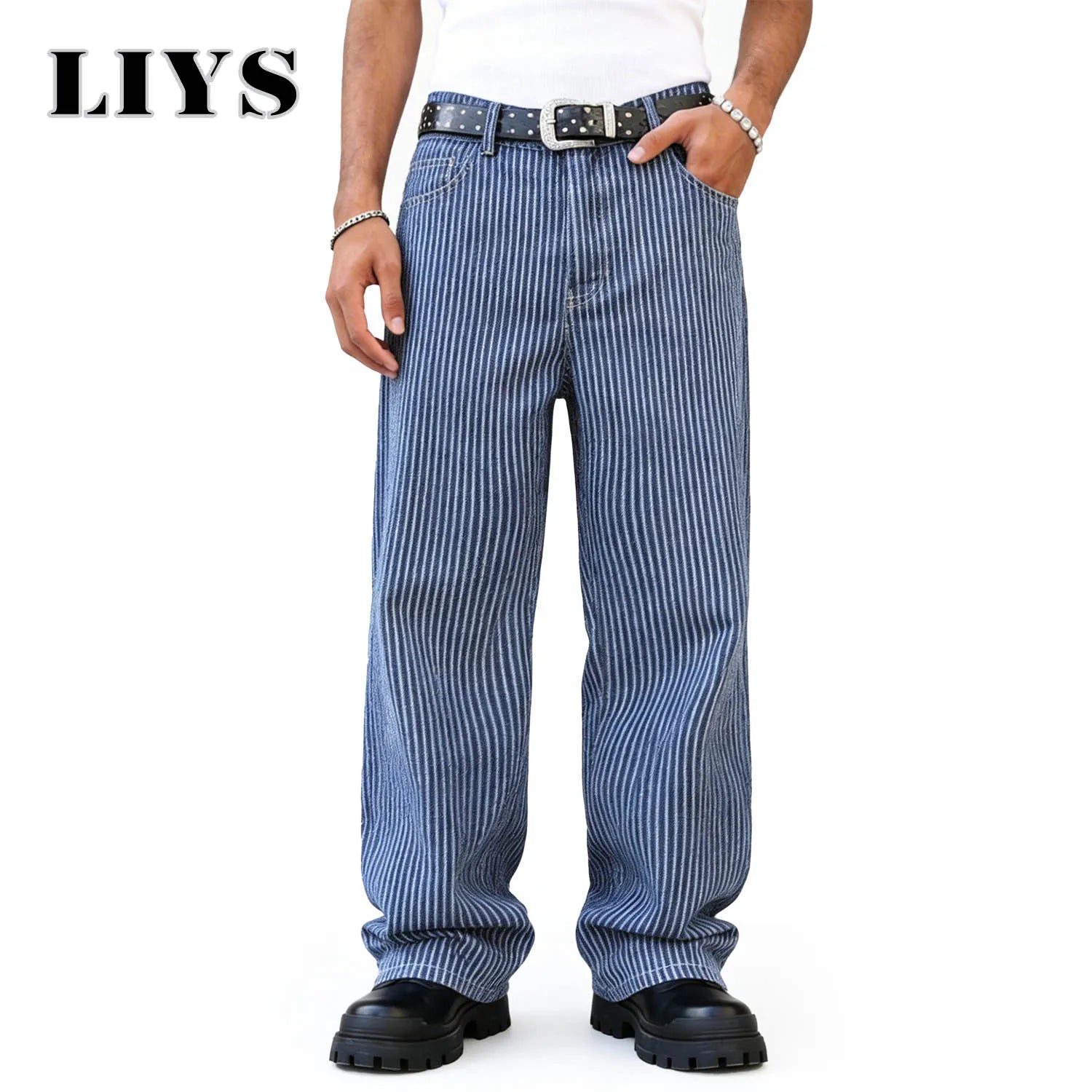 LIYS Men's American Fashion Brand Classic Retro Striped High Street Casual Lazy Business Wide Leg Straight Leg Jeans Oversized
