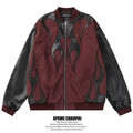 Mens Jacket Vintage Streetwear Burgundy Black PU Patchwork Baseball Collar Zip Up Coat Flame Design Loose Fit Retro Biker Style