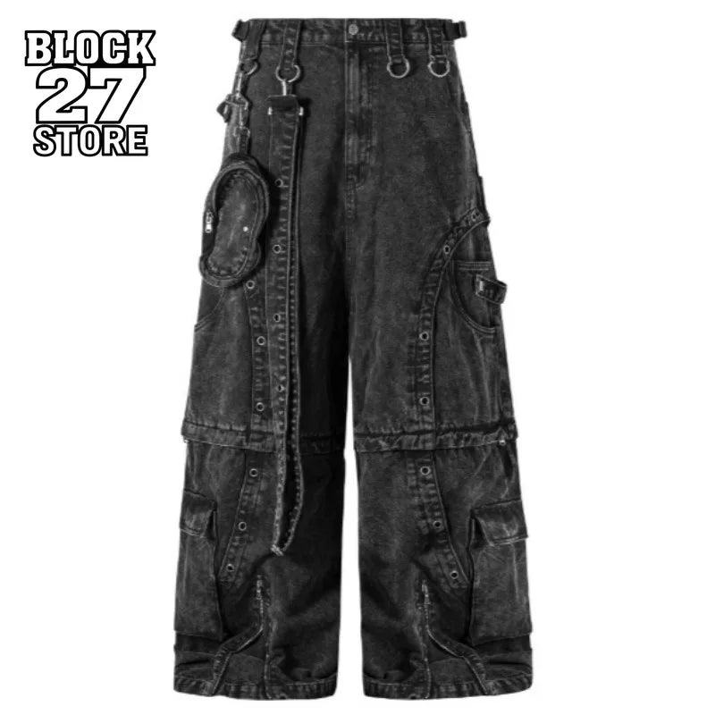 Mens Jeans Harajuku American High Street Streetwear Multi Pocket Detachable Denim Pants Distressed Metal Ring Wide Leg Cargo New