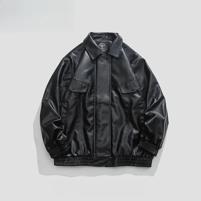 Mens Jacket Harajuku Spring Autumn Faux Leather Coat Lapel Solid Color Plus Size Loose Fit Hong Kong Style Streetwear Fashion