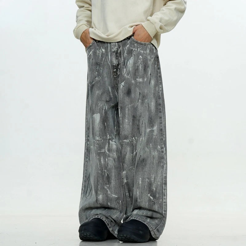 Mens Jeans Harajuku American Vintage Streetwear Snow Gray Washed Denim Pants Loose Fit Straight Wide Leg Casual Retro Trend New