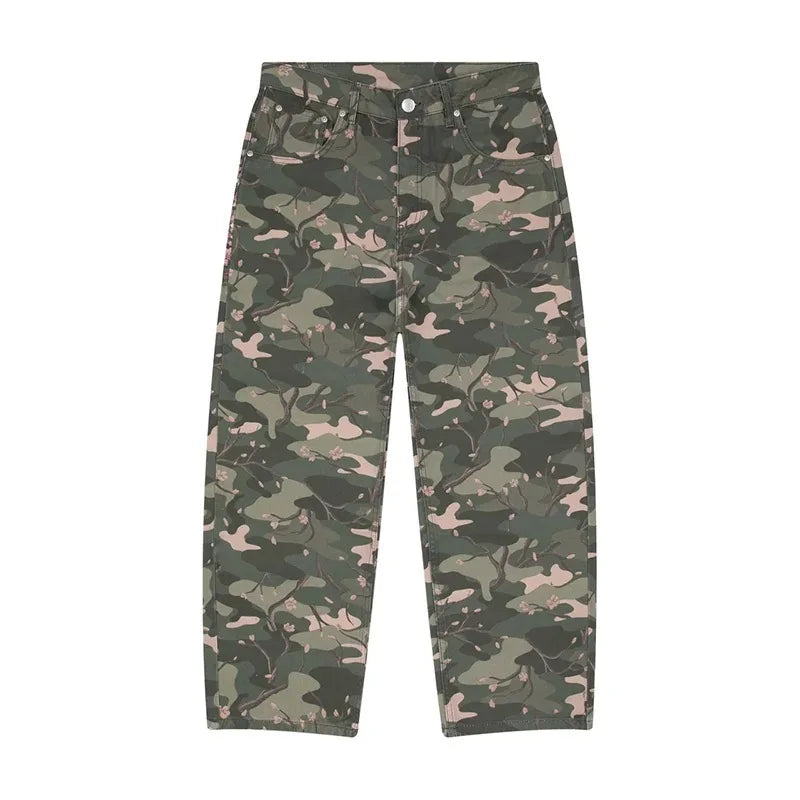Mens Jeans Y2K Sakura Embroidery Camo Denim Pants Harajuku Unisex Loose Fit Straight Leg Wide Streetwear Fashion Trend Arrival