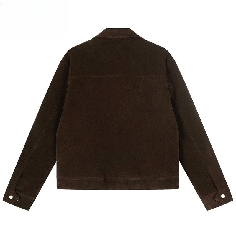 Harajuku Retro Suede Lapel Jacket Mens Spliced Solid Color Autumn Winter Casual Loose Fit Long Sleeve Streetwear Outerwear New