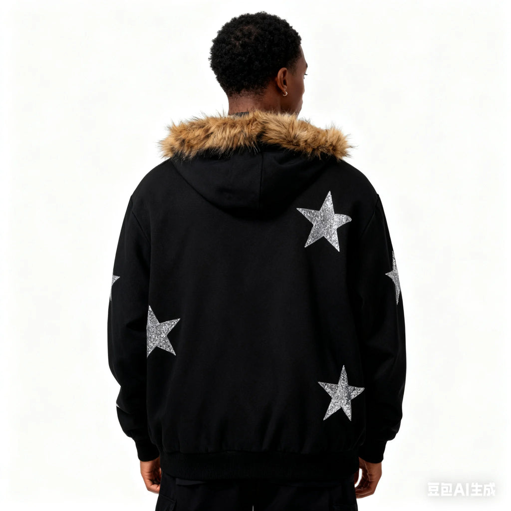 American Vintage Star Rhinestone Zip Up Hoodie Women Men Fur Collar Detachable Design Loose Winter Warm Y2K Streetwear Jacket