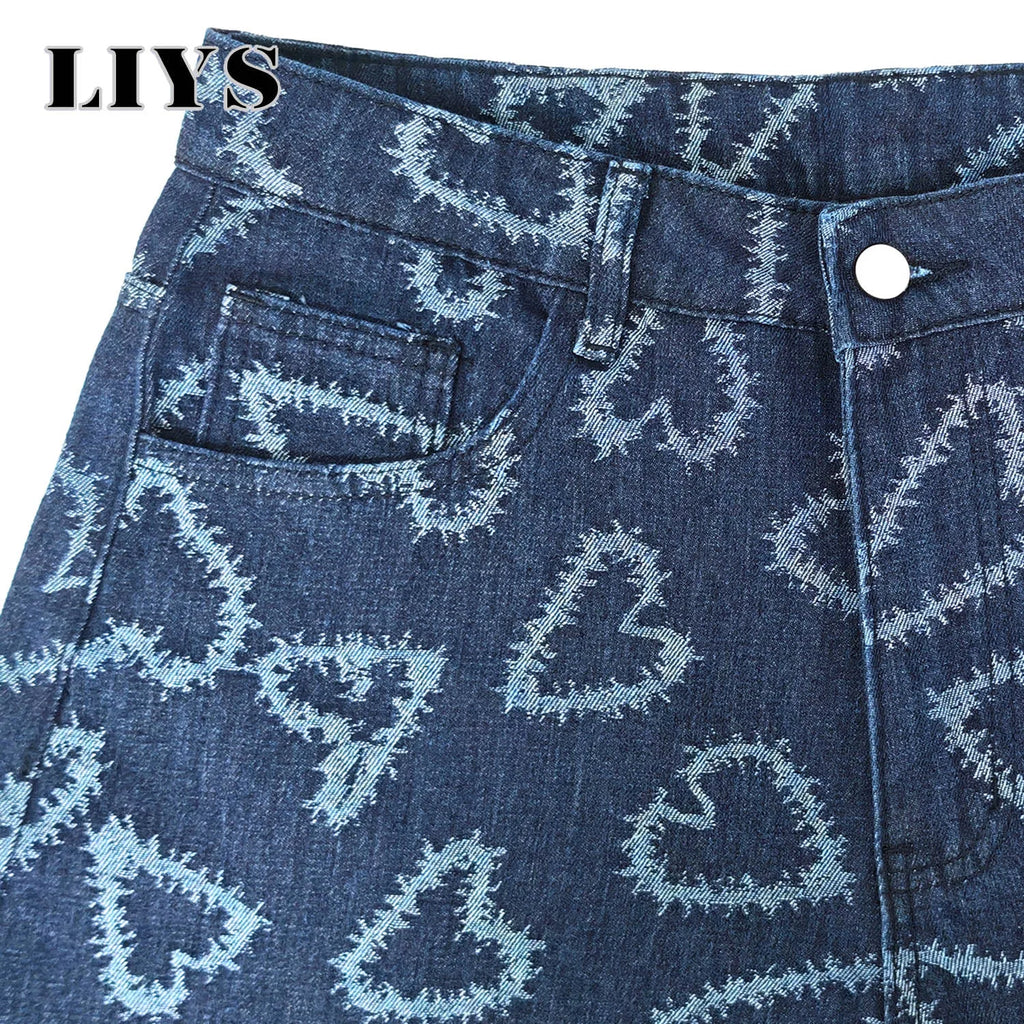 LIYS Men's American High Street Fashion Blue and White Contrast Love Printed Loose Straight Tube Handsome Y2K Wide Leg Jeans