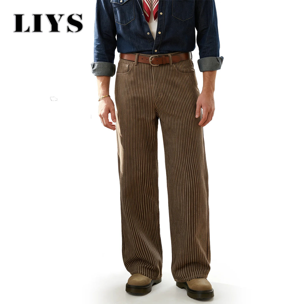 LIYS Japanese Korean Vertical Striped Jacquard Wide-leg Jeans British Retro Striped Business Casual Baggy-Fitting Denim Pants