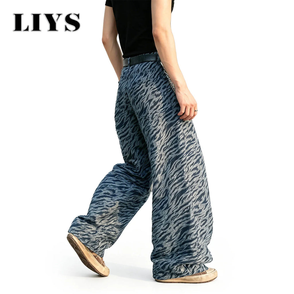 LIYS Men's American Retro Zebra Print High Street Casual Fashion Versatile Slimming Loose Oversized Wide Leg Pants Street Style