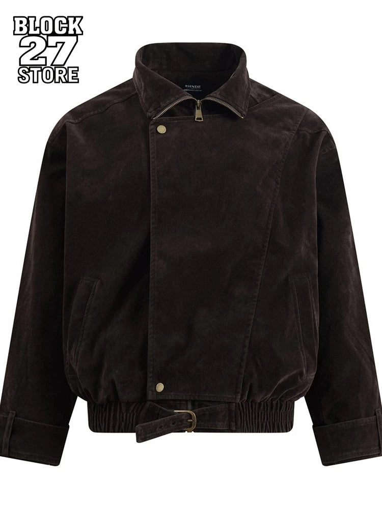 Jackets for Man Streetwear American Workwear Jacket Solid Color Stand Collar Asymmetrical Zipper Design Autumn Clean Fit Fashion