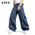 LIYS Men's American High Street Fashion Blue and White Contrast Love Printed Loose Straight Tube Handsome Y2K Wide Leg Jeans