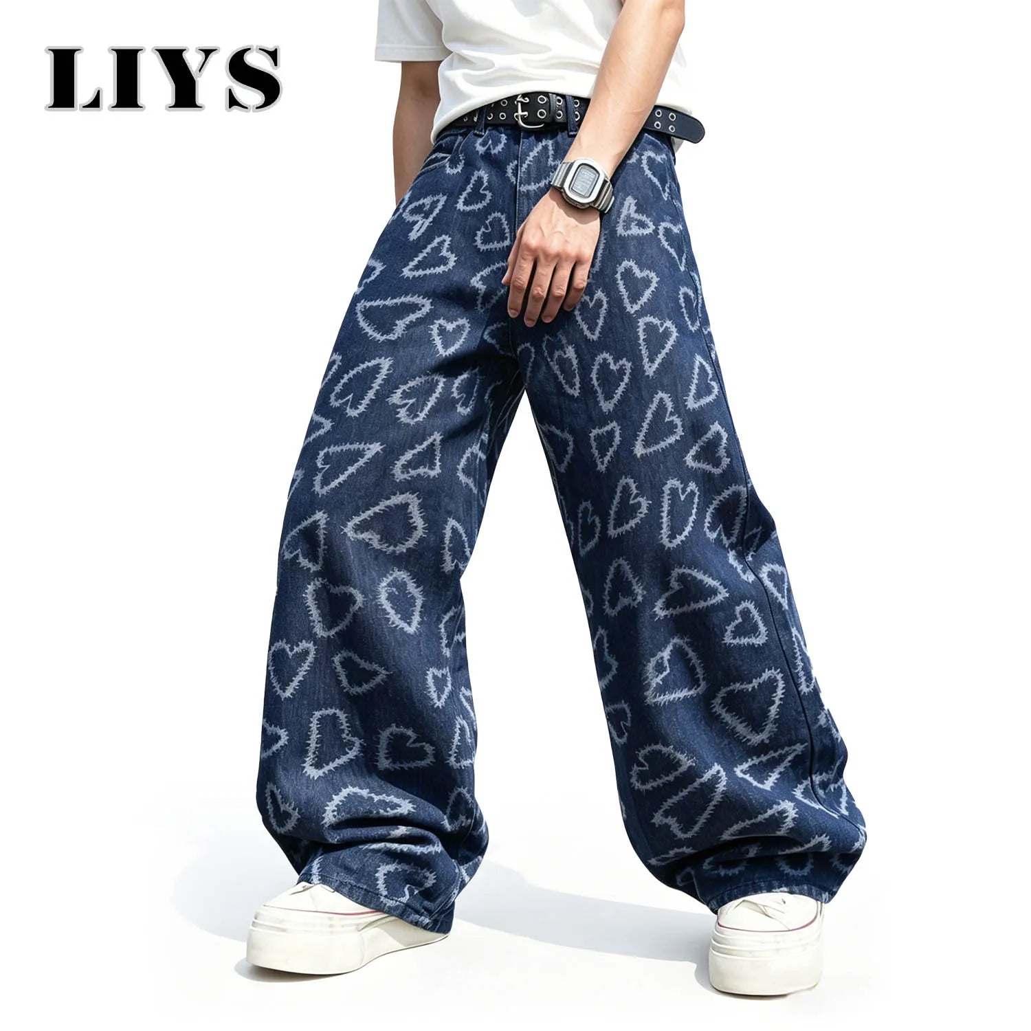 LIYS Men's American High Street Fashion Blue and White Contrast Love Printed Loose Straight Tube Handsome Y2K Wide Leg Jeans