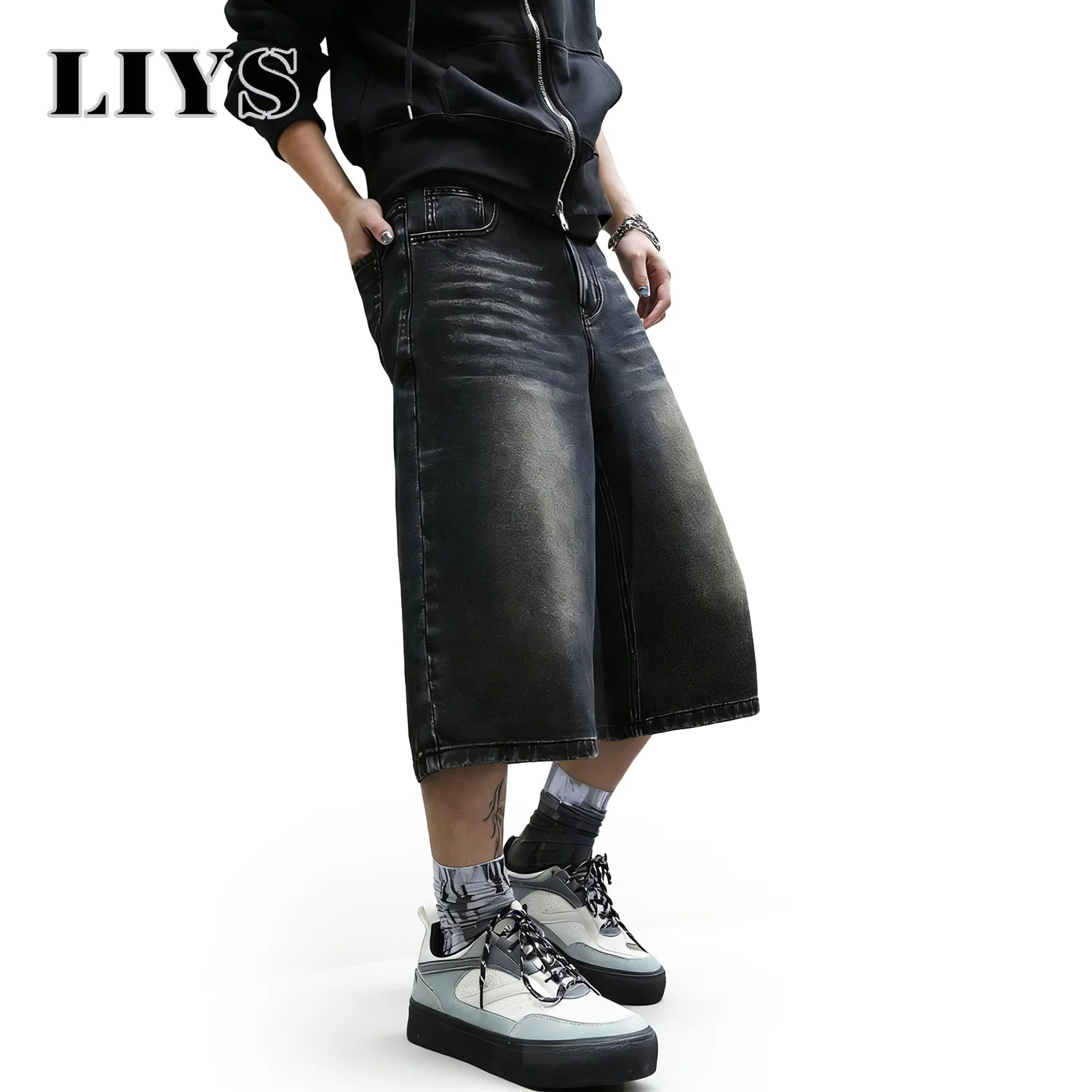 LIYS American Retro Classic Black Ultra Baggy Wide Leg Men's Denim Shorts Spring Summer Casual Oversized Jeans Men's Clothes