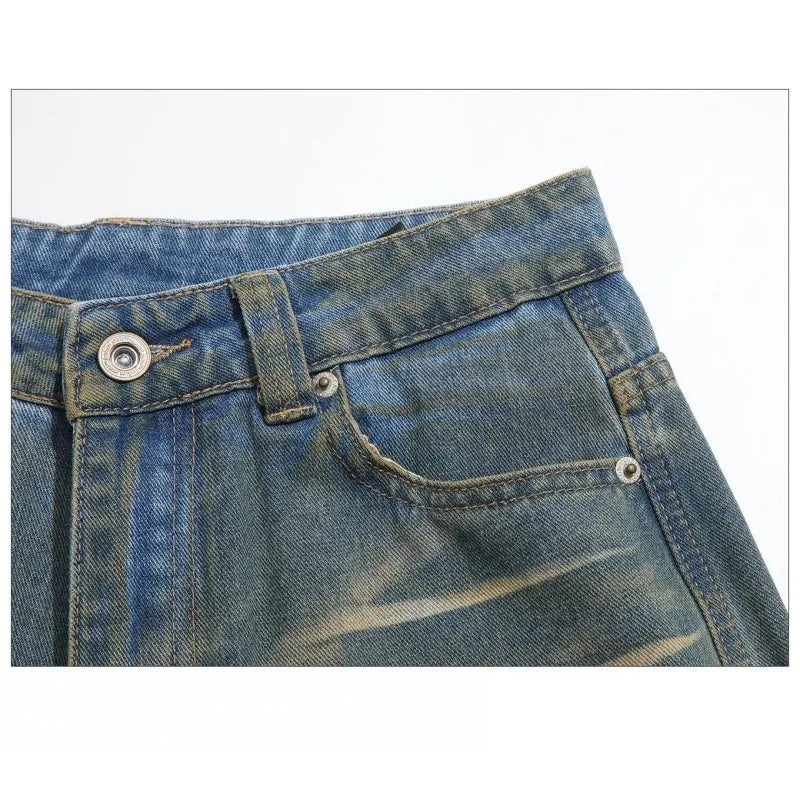 Mens Jeans Harajuku Vintage Washed Pocket Design Straight Denim Pants High Waist Loose Wide Leg Floor Length Trousers Casual New
