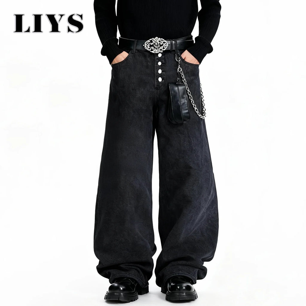 American Retro Street Men's Baggy Wide Leg Jeans Angel Wings Embroidery Button Hip-Hop Bad Boy Charm Loose Denim Pants Clothes