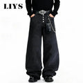 American Retro Street Men's Baggy Wide Leg Jeans Angel Wings Embroidery Button Hip-Hop Bad Boy Charm Loose Denim Pants Clothes
