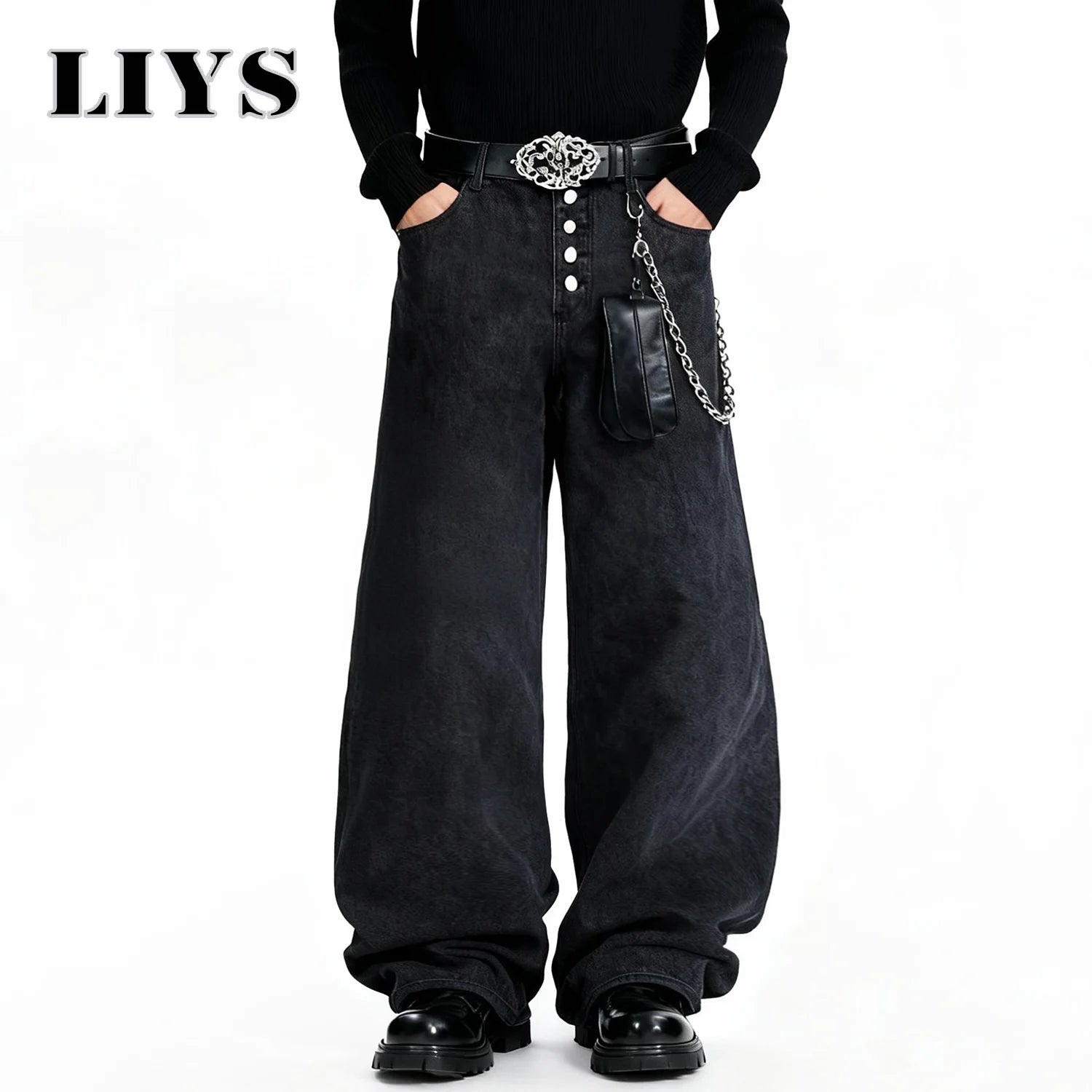 American Retro Street Men's Baggy Wide Leg Jeans Angel Wings Embroidery Button Hip-Hop Bad Boy Charm Loose Denim Pants Clothes