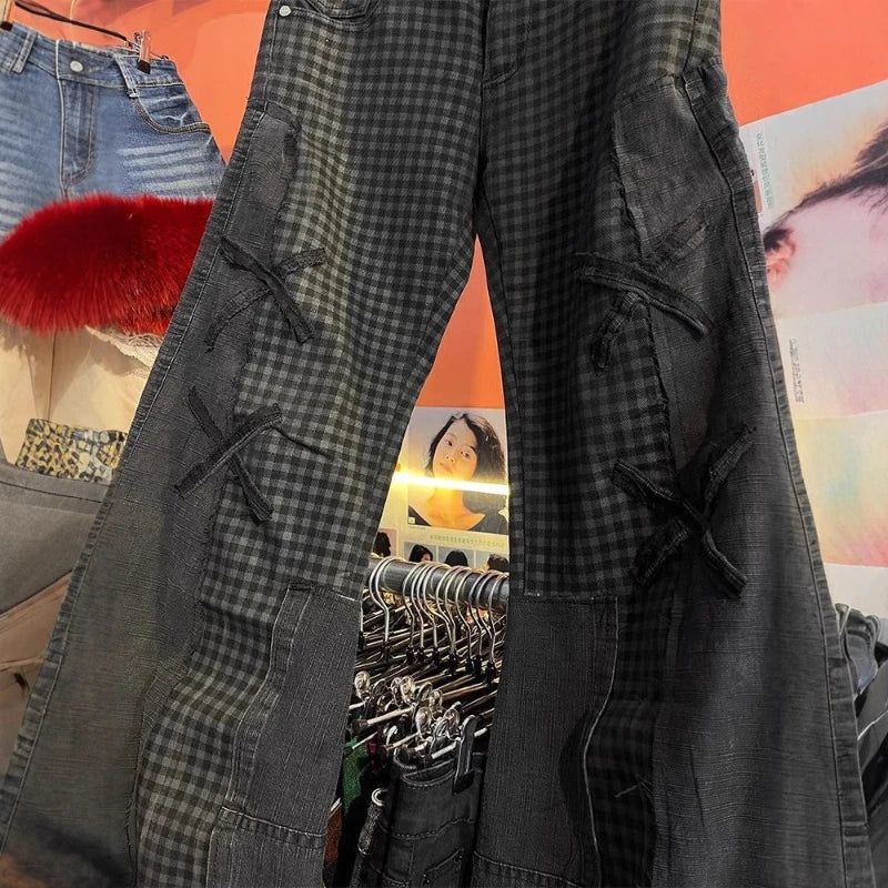 Mens Jeans Y2K Dark Plaid Patchwork Flared Denim Pants Harajuku Unisex Loose Fit Vintage Streetwear Casual Fashion Trend Arrival