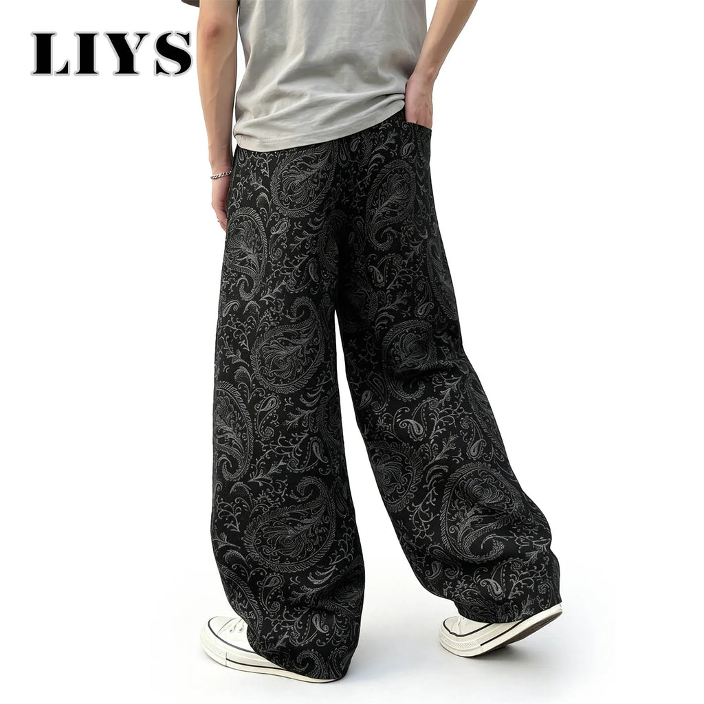 LIYS Men's American Trendy Brand Dark Cashew Flower Full Print Jeans Loose Oversize High Street Loose Straight Tube Casual