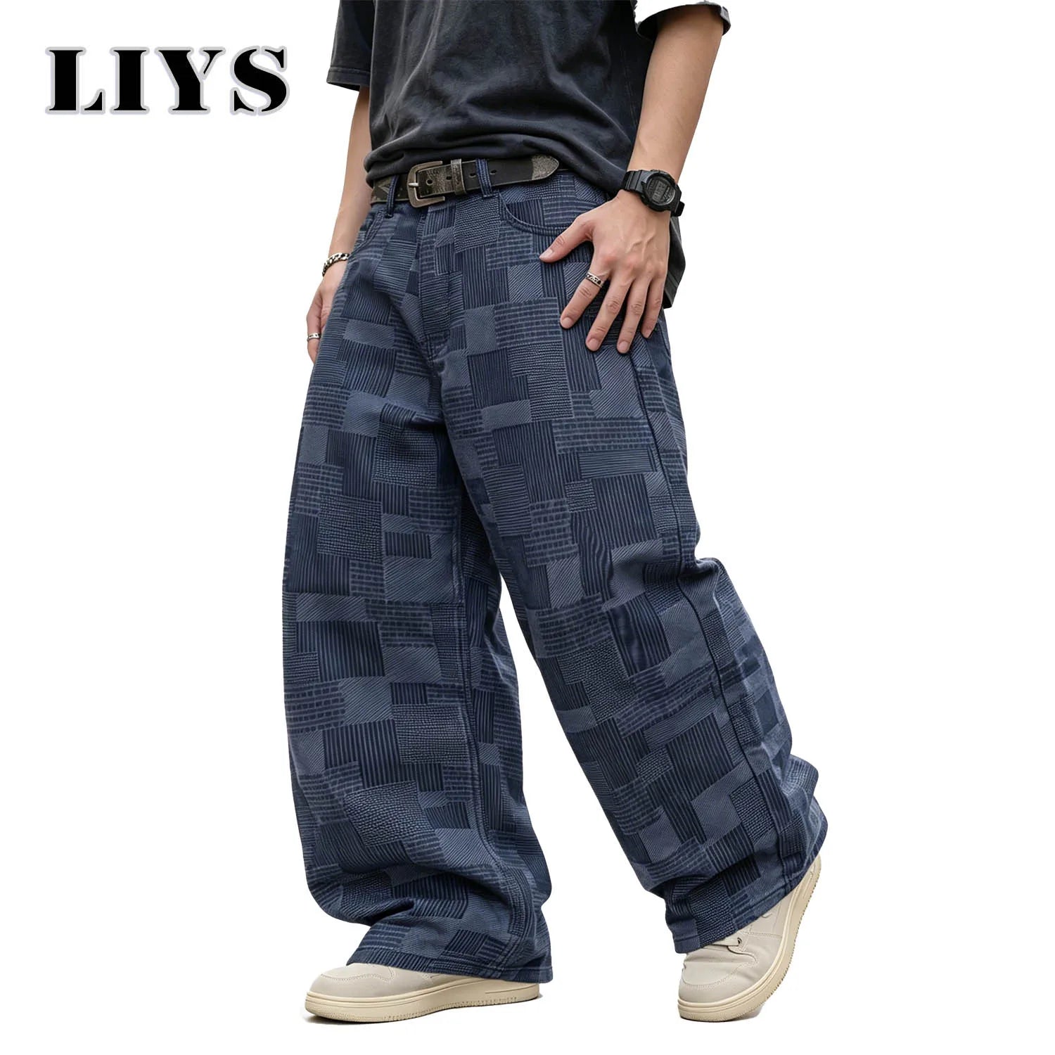 LIYS Men's Four Seasons American Fashion Geometric Block Printed Casual High Street Handsome Retro Look Thin Wide Leg Pants