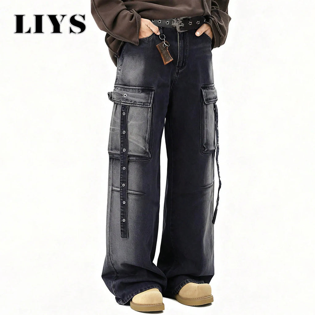 American Retro High Street Black Gray Baggy Wide Leg Men's Jeans Multiple Pockets Heavy-Duty Washed Workwear Denim Pants Unisex
