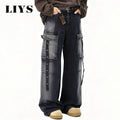 American Retro High Street Black Gray Baggy Wide Leg Men's Jeans Multiple Pockets Heavy-Duty Washed Workwear Denim Pants Unisex