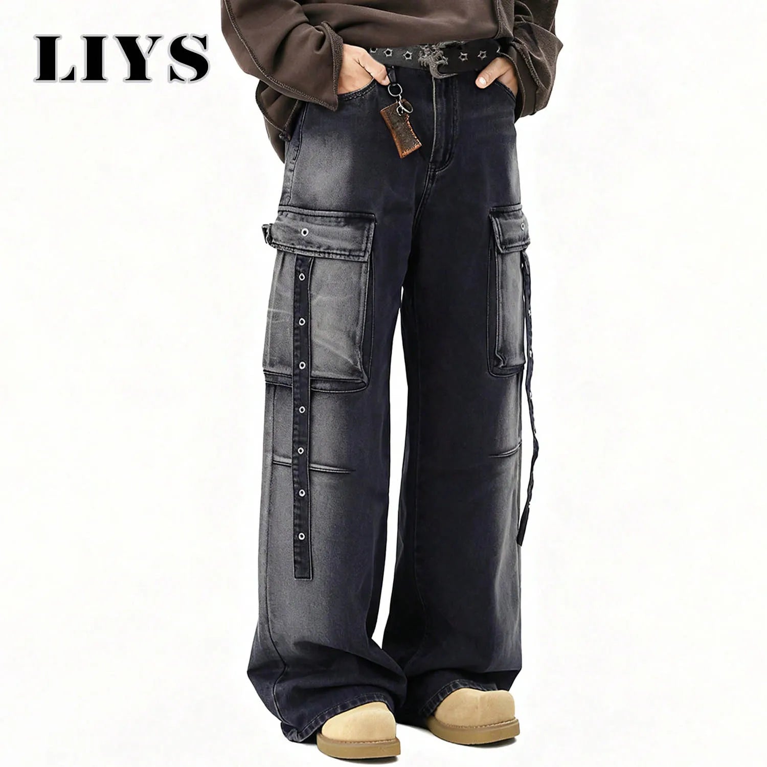 American Retro High Street Black Gray Baggy Wide Leg Men's Jeans Multiple Pockets Heavy-Duty Washed Workwear Denim Pants Unisex
