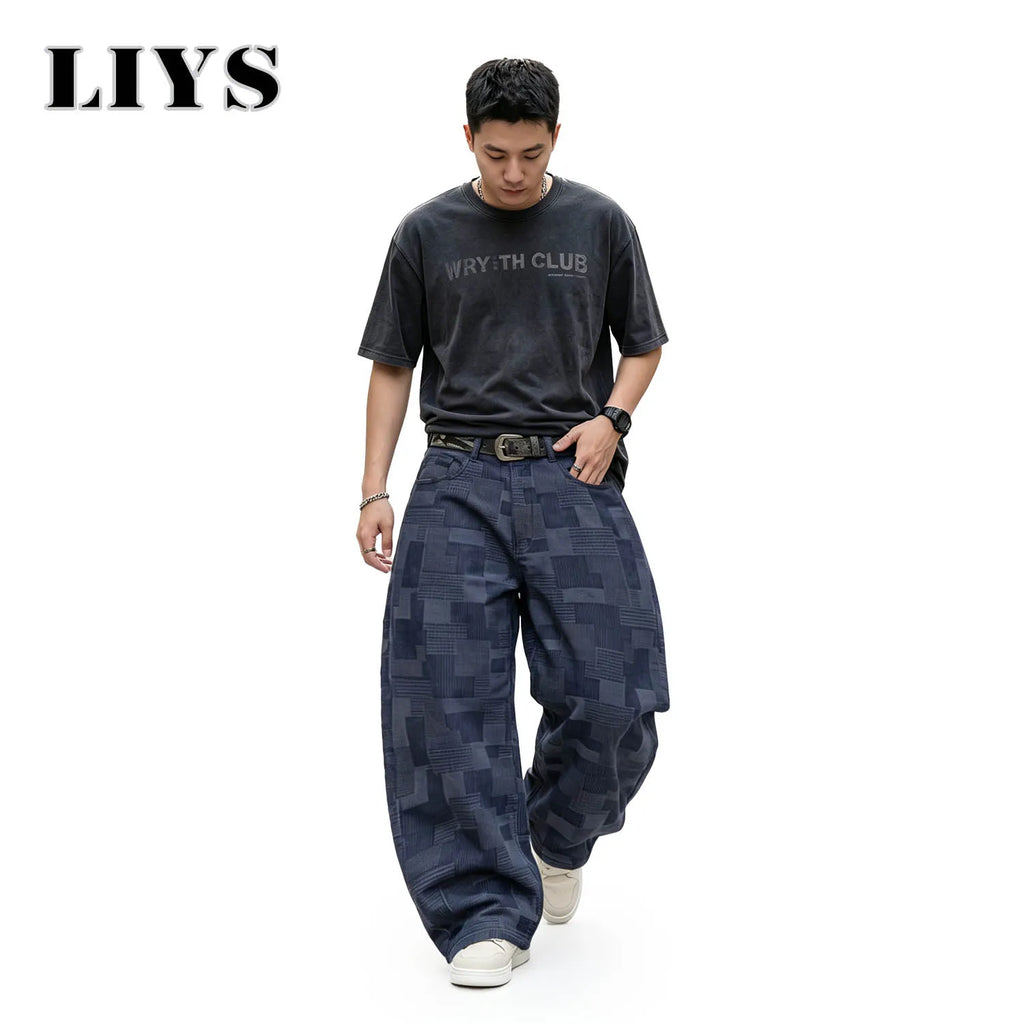 LIYS Men's Four Seasons American Fashion Geometric Block Printed Casual High Street Handsome Retro Look Thin Wide Leg Pants