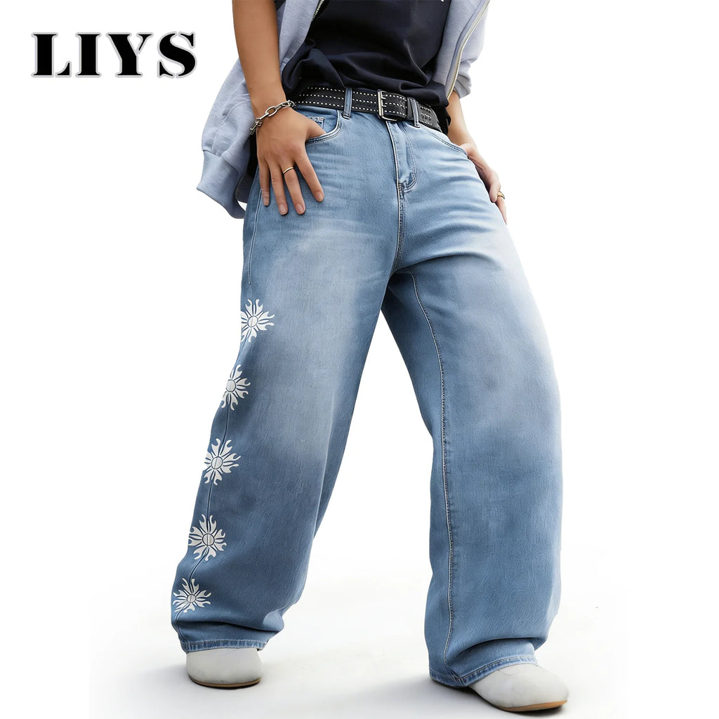 LIYS American Streetwear Floral Pattern Printed Baggy Wide-Leg Men's Jeans Simple Washed Light Blue Casual Denim Pants Unisex