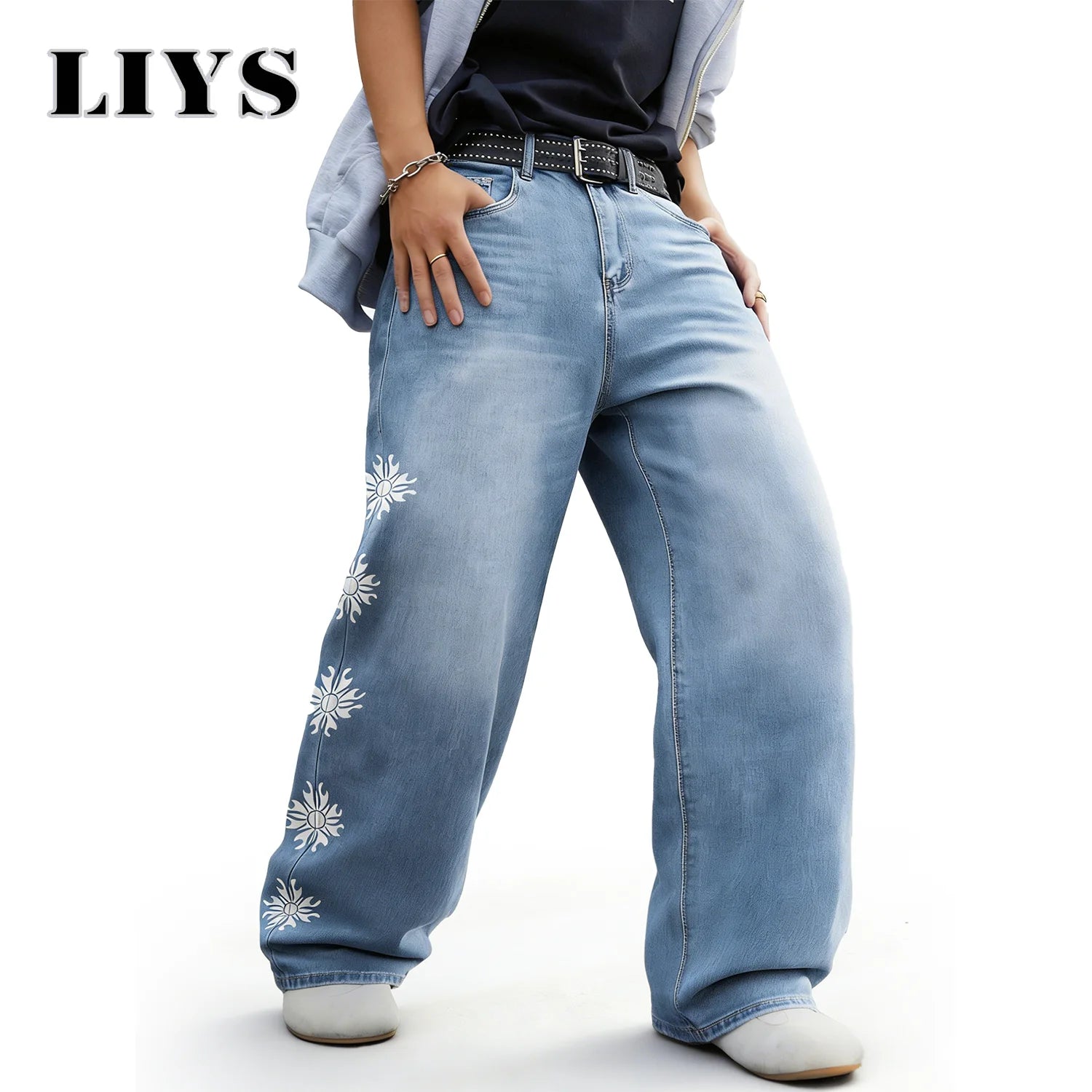 LIYS American Streetwear Floral Pattern Printed Baggy Wide-Leg Men's Jeans Simple Washed Light Blue Casual Denim Pants Unisex