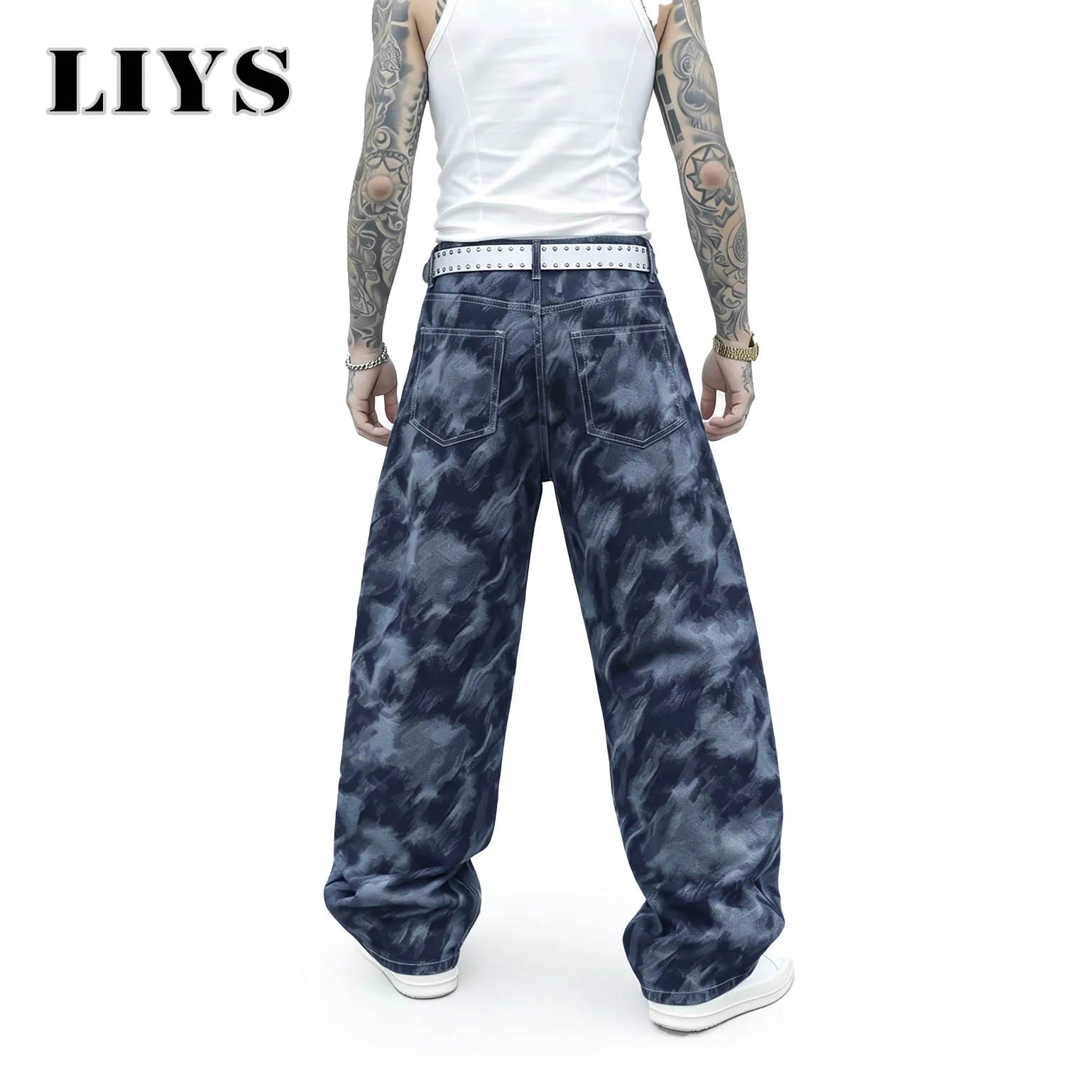 LIYS Men's American Fashion Trendy Brand Ink Dyeing Printed Wash Straight Tube Loose Oversize Denim Casual Street Cool Y2K Style