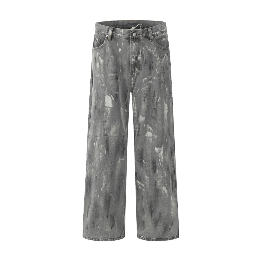 Mens Jeans Harajuku American Vintage Streetwear Snow Gray Washed Denim Pants Loose Fit Straight Wide Leg Casual Retro Trend New