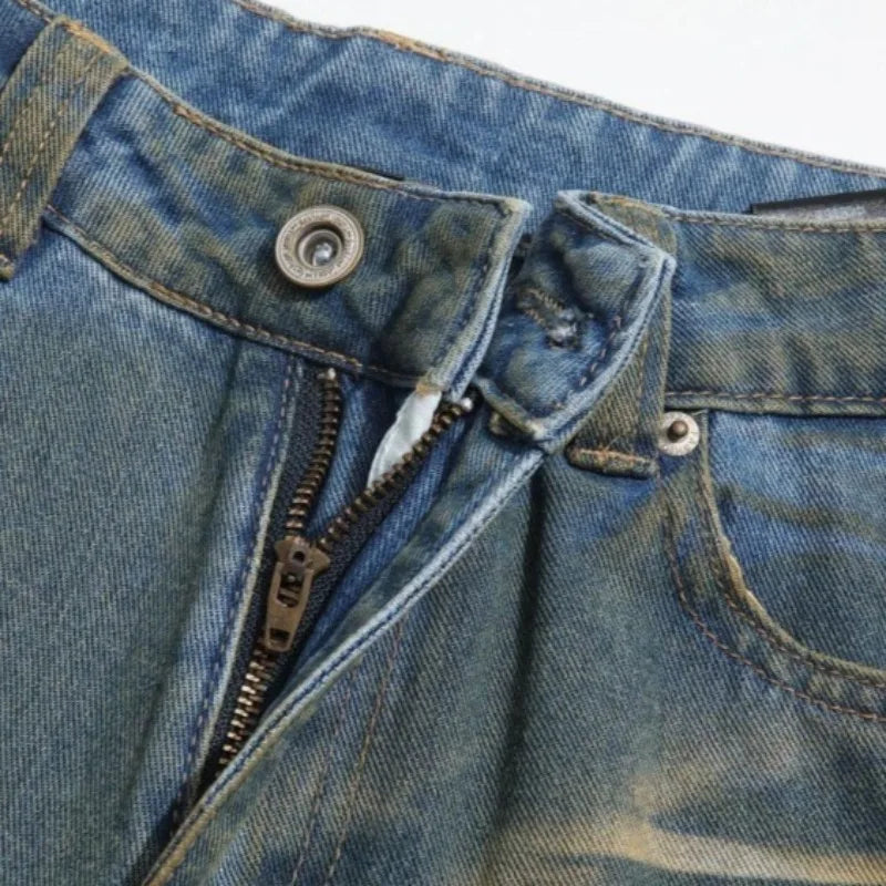 Mens Jeans Harajuku Vintage Washed Pocket Design Straight Denim Pants High Waist Loose Wide Leg Floor Length Trousers Casual New