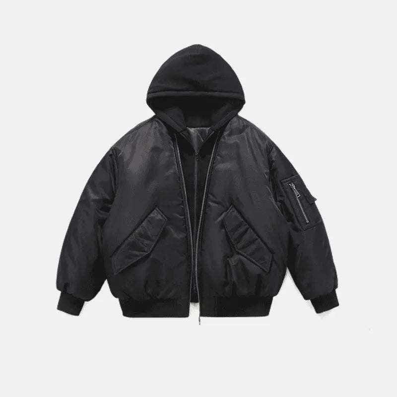 Mens Jacket Harajuku American Aviator Hooded Cotton Bomber Winter Thick Warm Fake Two Piece Streetwear Casual Fashion Coat New