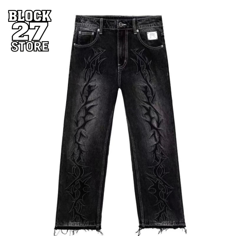 Mens Jeans Harajuku Vintage Streetwear Thorn Embroidery Denim Pants Straight Leg Loose Fit Casual Wide Trousers Retro Trend New