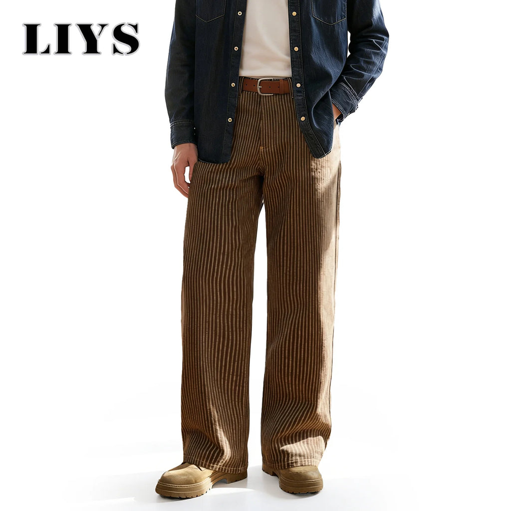 LIYS Japanese Korean Vertical Striped Jacquard Wide-leg Jeans British Retro Striped Business Casual Baggy-Fitting Denim Pants