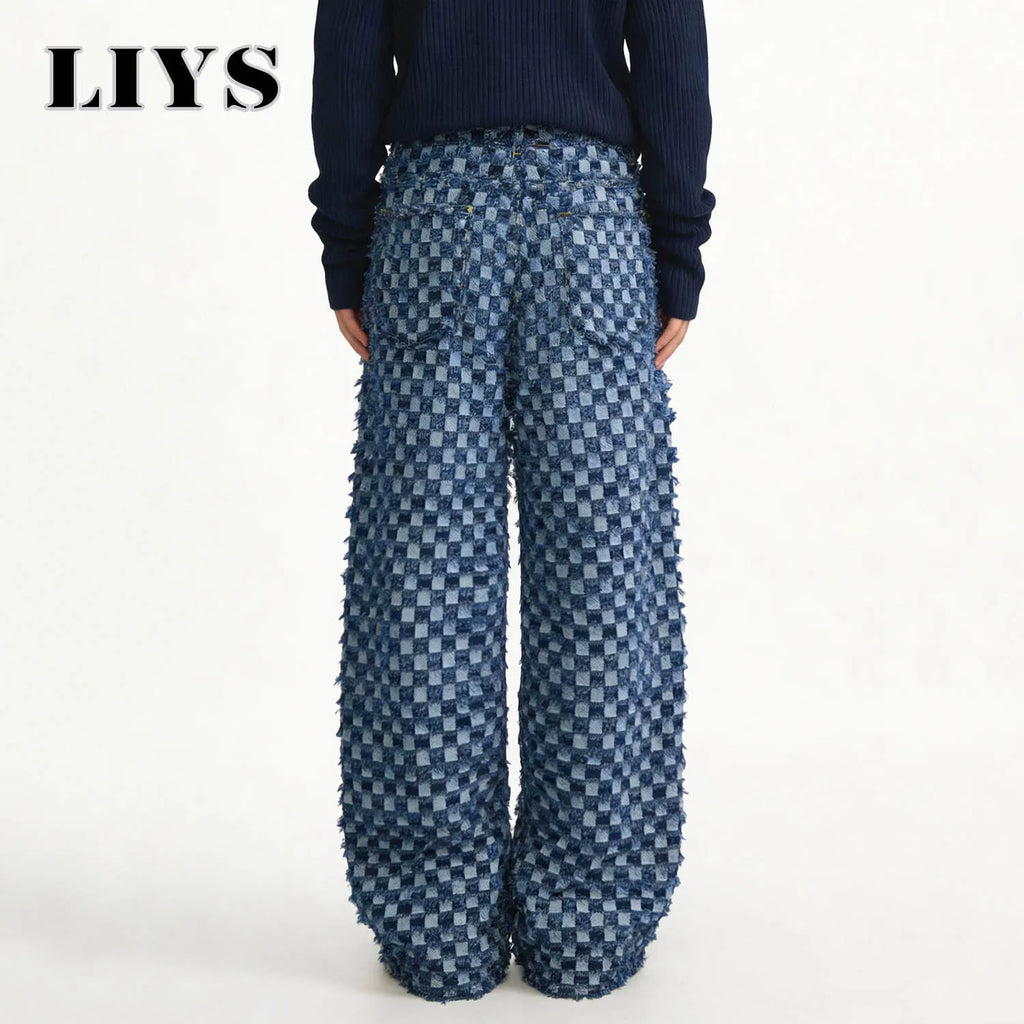 LIYS Japanese Korean Style Checkerboard Jacquard Baggy Wide-leg Jeans Trend Jacquard Casual straight leg Denim Pants Unisex