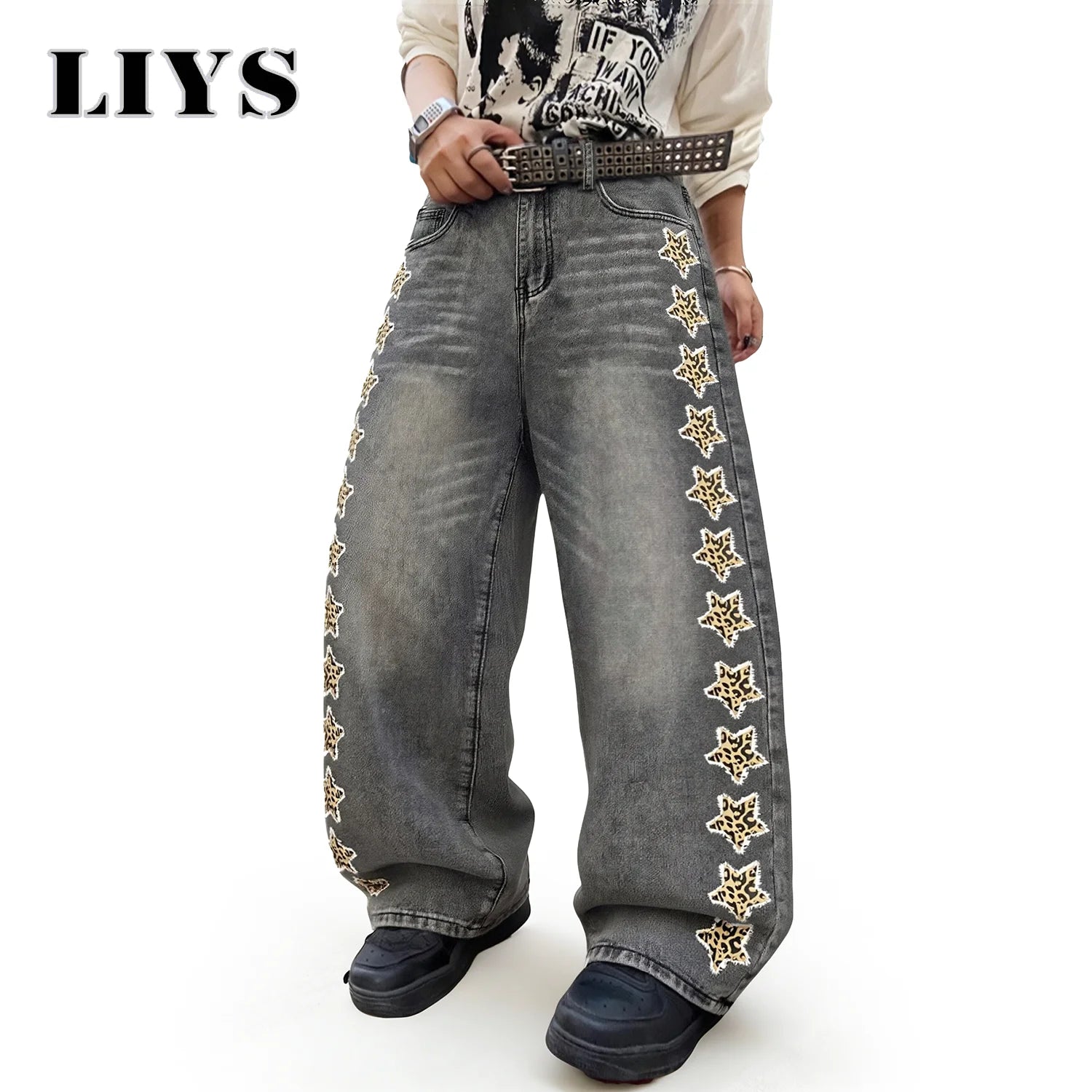 LIYS American Fashion Camouflage Pentagram Printed Jeans KoreanStyle Retro Street Trendy Baggy Wide Leg Casual Denim Pants  ﻿