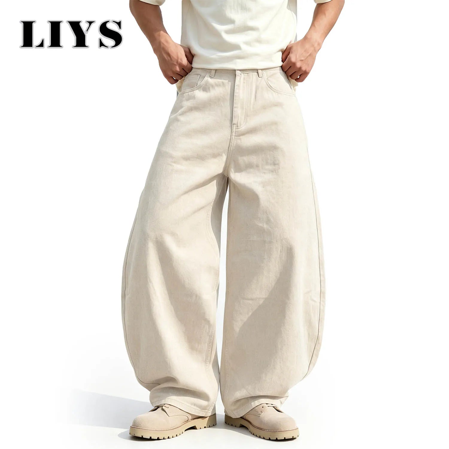 LIYS Men's American Beige Loose Wide Leg Jeans High Waisted Streetwear Hip-Hop Fashion Loose Denim Pants Y2K Retro Casual Pants